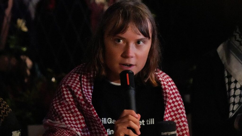 Swedish activist Greta Thunberg attends a press conference arranged by the Global Movement to Gaza Sweden in connection with the arrival of the released Swedish participants in the Global Sumud Flotilla, in Stockholm, Sweden, October 7, 2025. (Reuters/Tom Little)