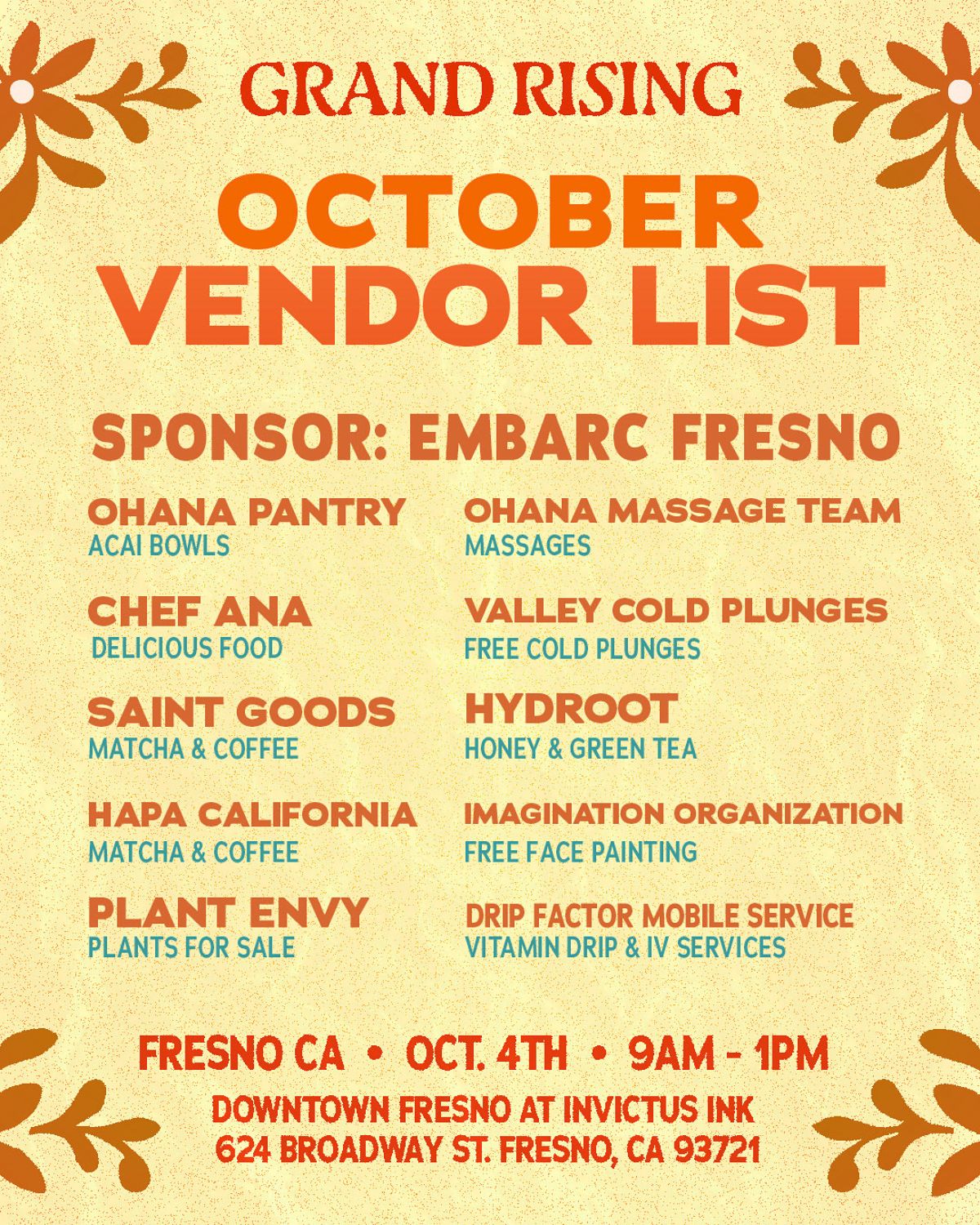 The Grand Rising's Oct. 4, 2025, vendor list. (Grand Rising)