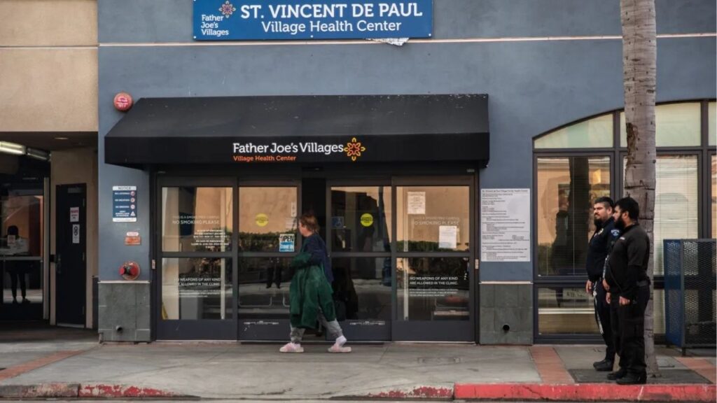 The entrance of the St. Vincent De Paul Village Family Health Center at Father Joe’s Villages in San Diego on Jan. 31, 2025. The organization recently unveiled a new detox center at the location. (CalMatters/Adriana Heldiz)