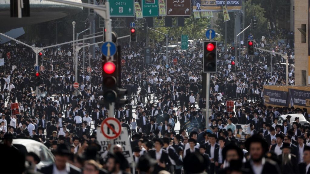Thousands of Ultra-Orthodox Jews gather on the day they rally in a "million man" protest against Israeli military conscription in Jerusalem October 30, 2025. (Reuters/Ammar Awad)