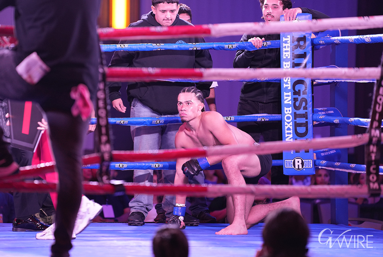 Tracey Hunter of Fresno prepares for his mixed martial arts match against Connor Subriar of Bakersfield on Saturday, Sept. 25 2025. The referee ended the match in the first round with Hunter winning by technical knockout.
