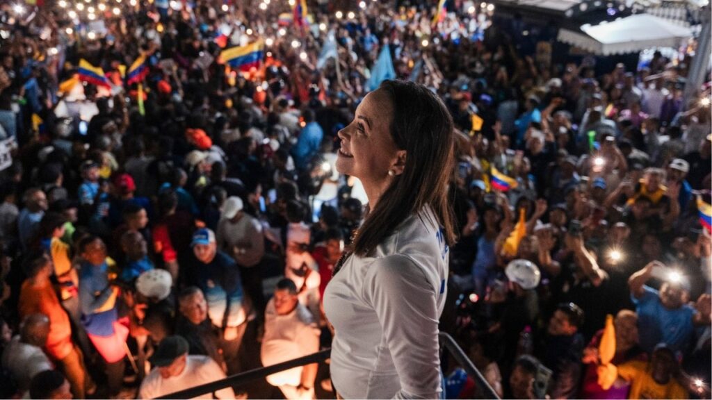 Venezuelan opposition leader Maria Corina Machado during a rally in Caracas on July 4, 2024. Machado, who built a powerful social movement and has been living in hiding since last year, was awarded the Nobel Peace Prize on Friday, Oct. 10, 2025. (Adriana Loureiro Fernandez/The New York Times)