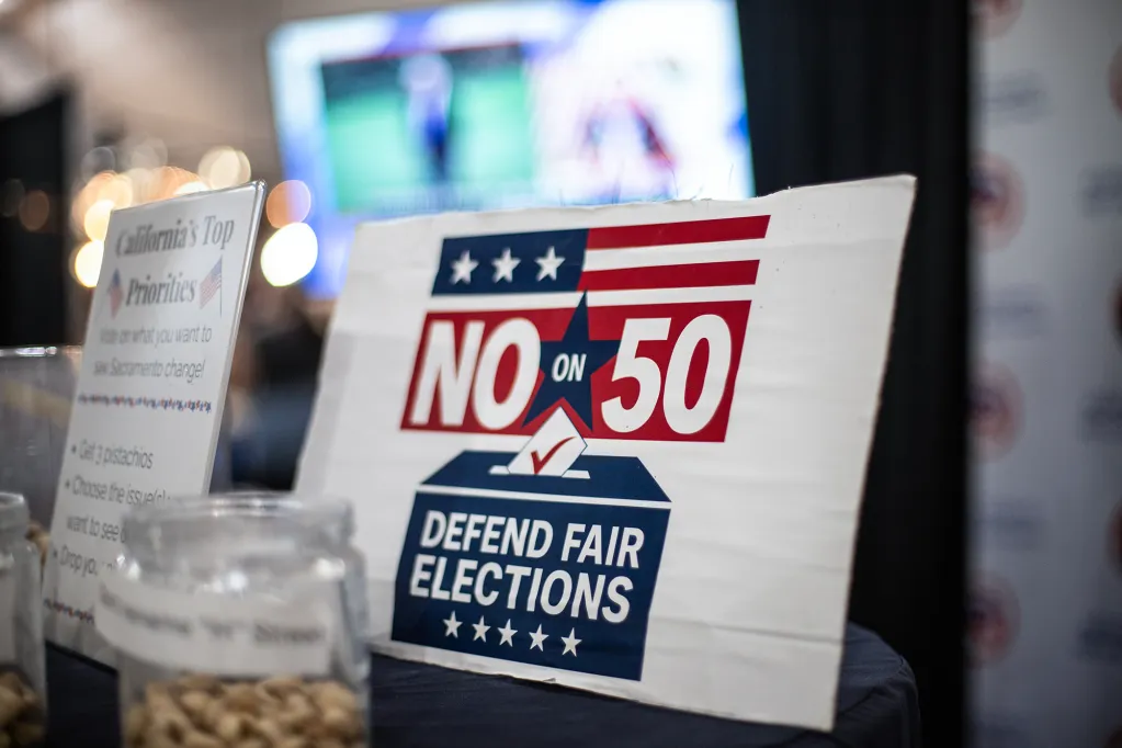 No on Prop. 50 Button at the Kern County Fair