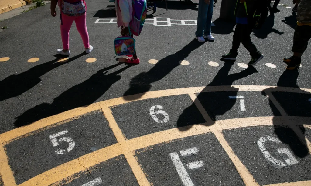 Image of school children on a playground and the shadows they cast