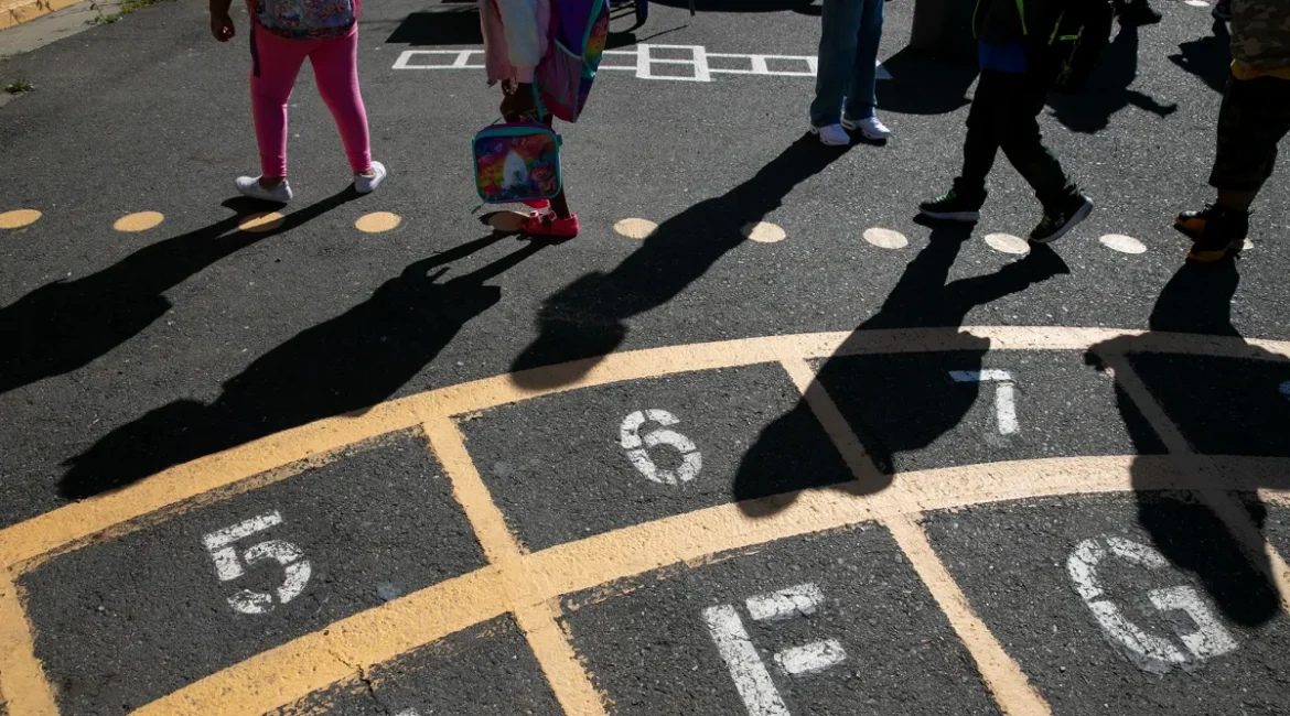 Image of school children on a playground and the shadows they cast