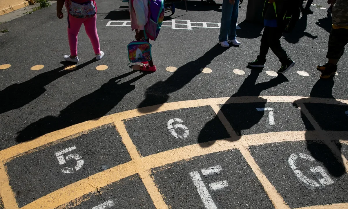 Image of school children on a playground and the shadows they cast