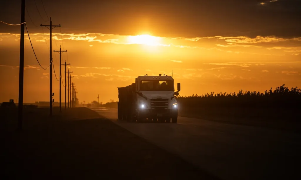 Image of truck and trailer carrying melons at sunset