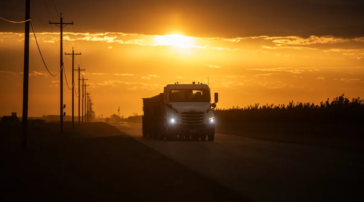 Image of truck and trailer carrying melons at sunset