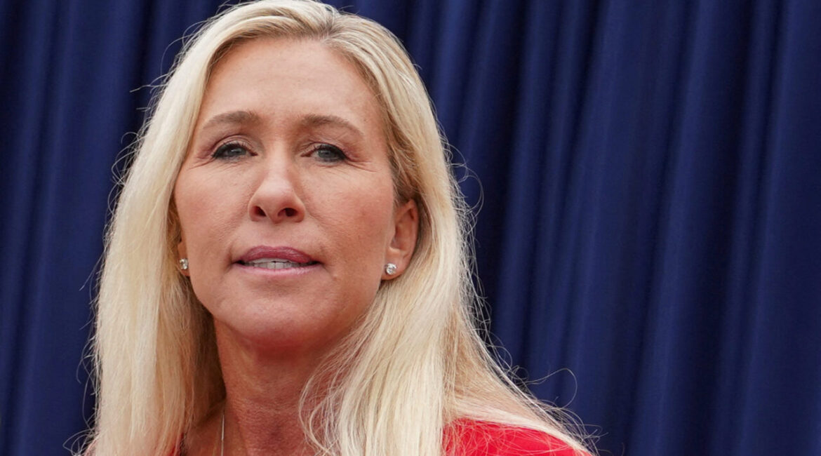 Image of U.S. Representative Marjorie Taylor Greene (R-GA) speaks at a campaign event of Republican vice presidential nominee U.S. Senator JD Vance