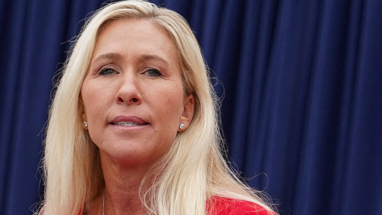 Image of U.S. Representative Marjorie Taylor Greene (R-GA) speaks at a campaign event of Republican vice presidential nominee U.S. Senator JD Vance