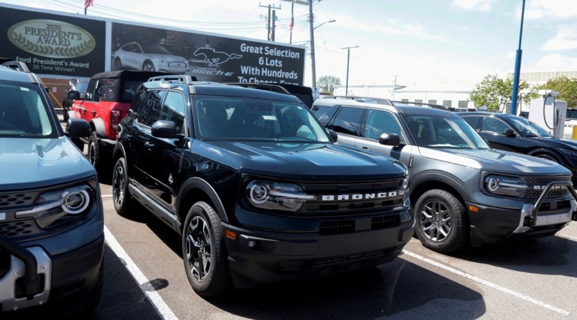 2025 Ford Bronco Sport vehicles sit on a dealership lot for sale in Dearborn, Michigan, U.S., May 7, 2025. (Reuters File)