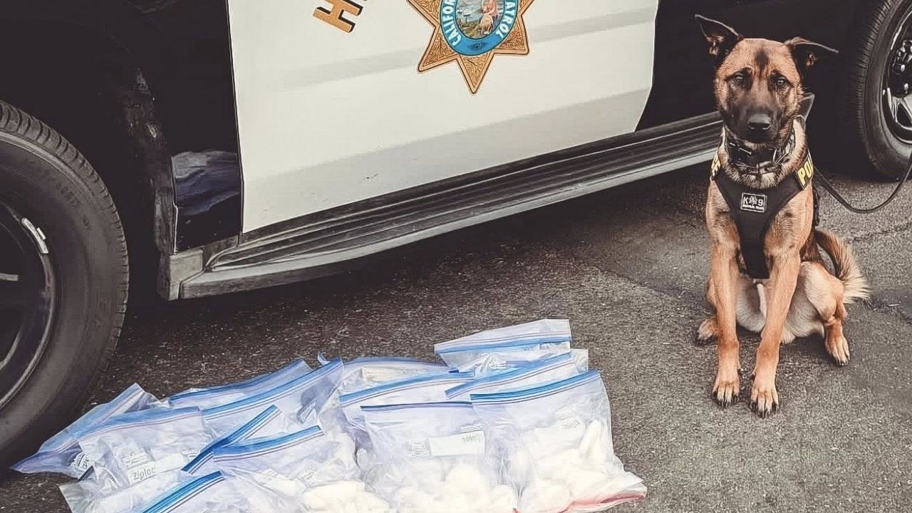 A California Highway Patrol K-9 made a major drug bust on his first day, seizing 20 pounds of meth in Merced County. (CHP)