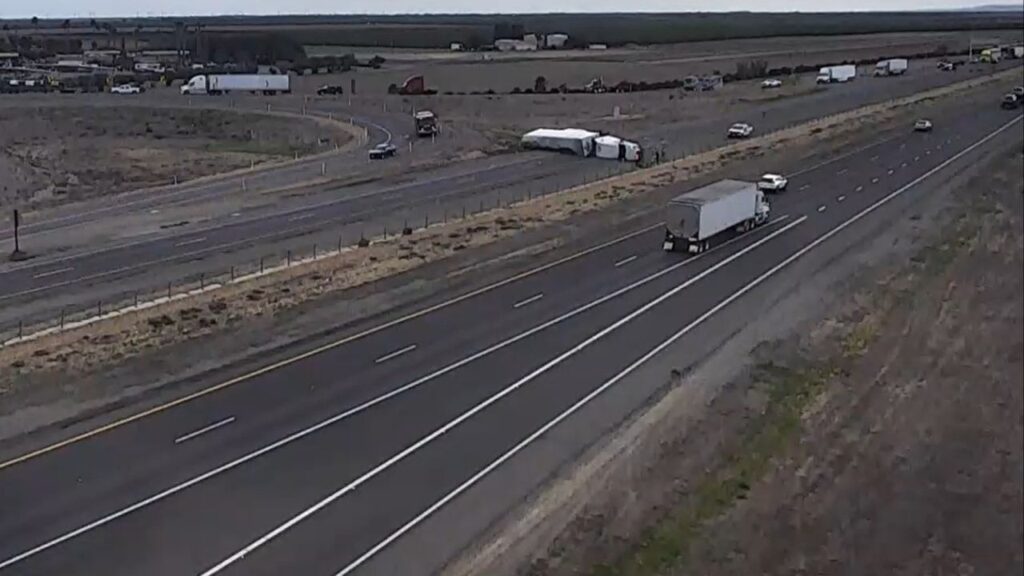 A big rig overturned on northbound Interstate 5 at Highway 198 in Fresno County, prompting detours and expected delays, Caltrans officials said. (Caltrans)