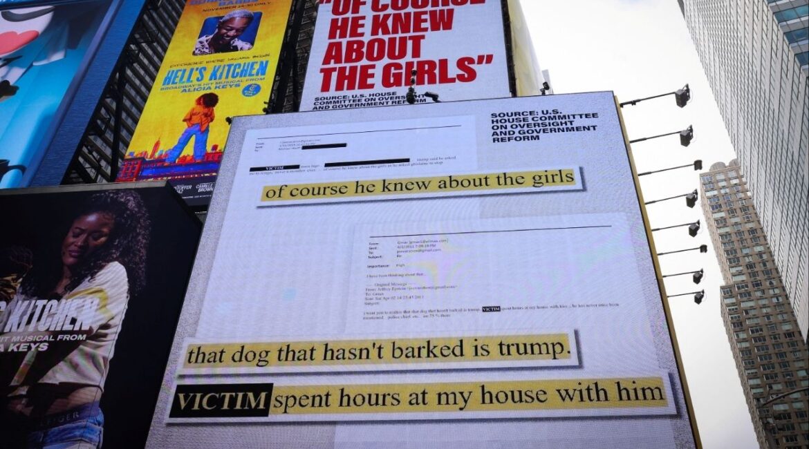 A billboard in Times Square sponsored by the group 'Home of the Brave' displays comments by Jeffrey Epstein about Donald Trump, after U.S. President Donald Trump urged his fellow Republicans in Congress to vote for the release of files related to the late convicted sex offender Jeffrey Epstein, in New York City, U.S. November 17, 2025. (Reuters/Mike Segar)