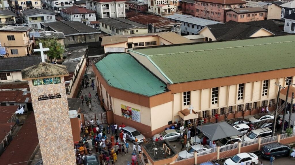 A drone view of Christians departing St. Peter and Paul Catholic Church after a Sunday mass in Palmgrove, Lagos, Nigeria November 2, 2025. (Reuters/Sodiq Adelakun)