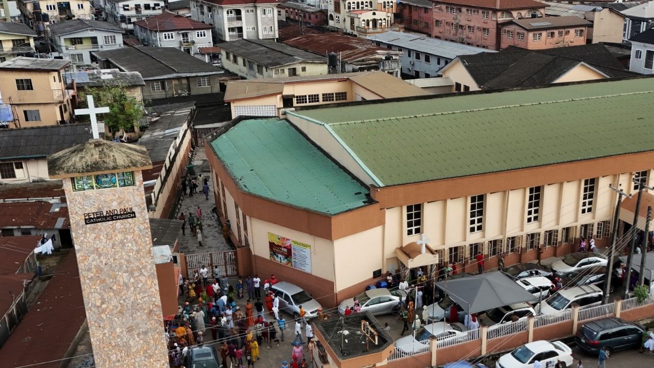 A drone view of Christians departing St. Peter and Paul Catholic Church after a Sunday mass in Palmgrove, Lagos, Nigeria November 2, 2025. (Reuters/Sodiq Adelakun)