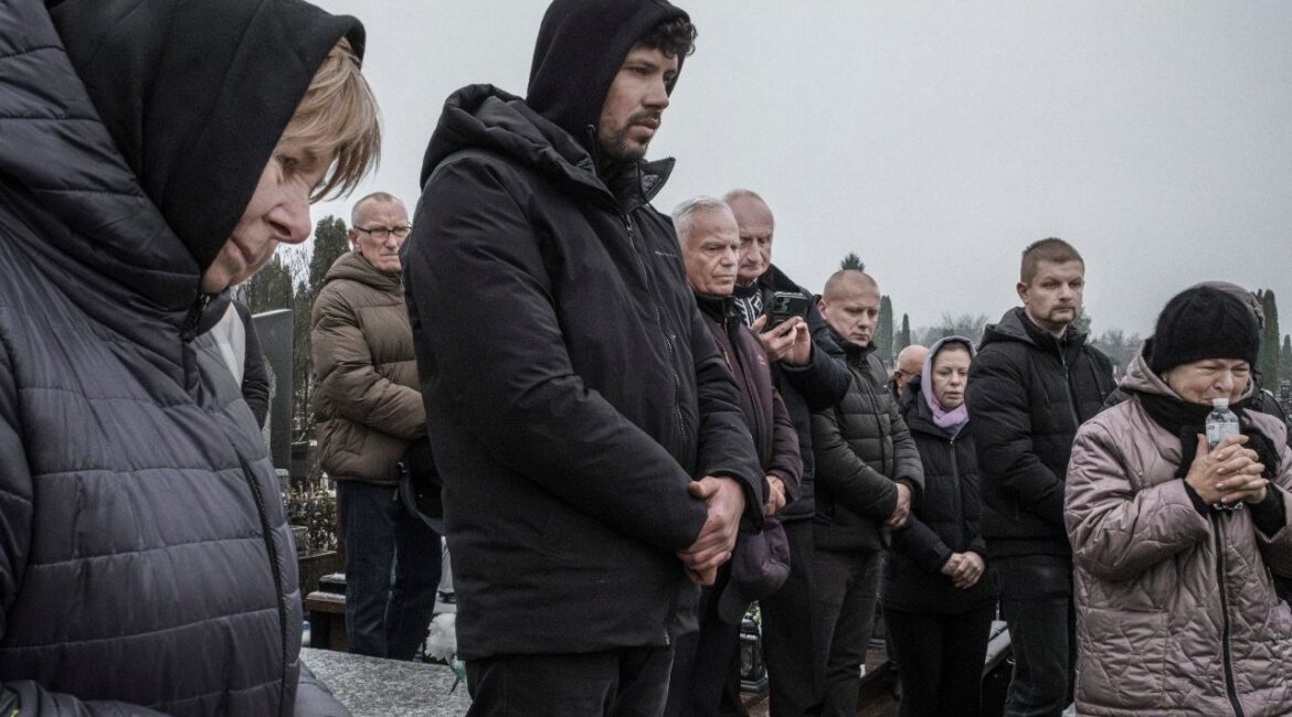 A funeral for victims of a Russian missile attack that killed at least 39 people in Ternopil, Ukraine, Nov. 23, 2025. Russia launched a large-scale attack on Ukraine on Tuesday, as American and Russian officials held talks in Abu Dhabi about President Trump’s peace plan and Ukraine indicated that President Volodymyr Zelenskyy was prepared to go to Washington to finalize a deal. (Mauricio Lima/The New York Times)