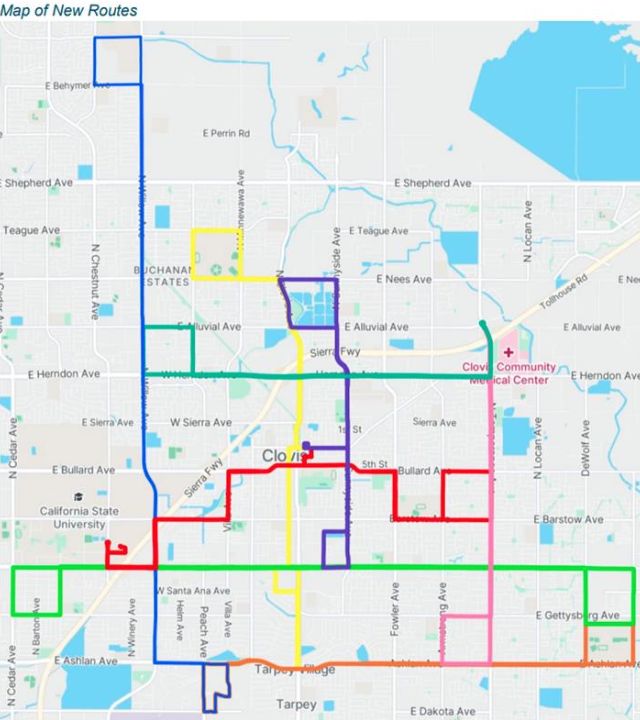 A map of the new transit routes in Clovis on nov. 12, 2025. (City of Clovis)
