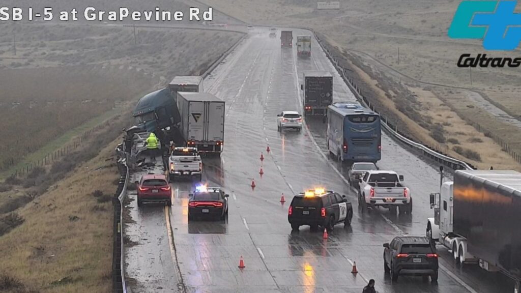 A multi-vehicle crash involving a big rig has reduced southbound I-5 to two lanes near Grapevine Road, according to Caltrans on Thursday, Nov. 20, 2025. (Caltrans)