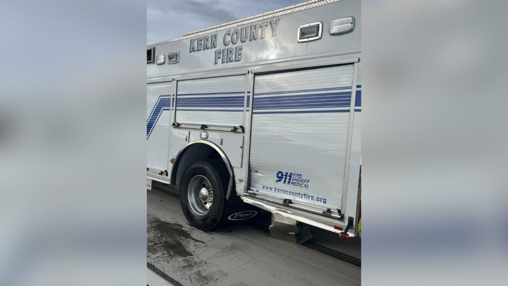 A photo of a damaged Kern County fire engine from a crash on Monday, Nov. 17, 2025. (Kern County SO)