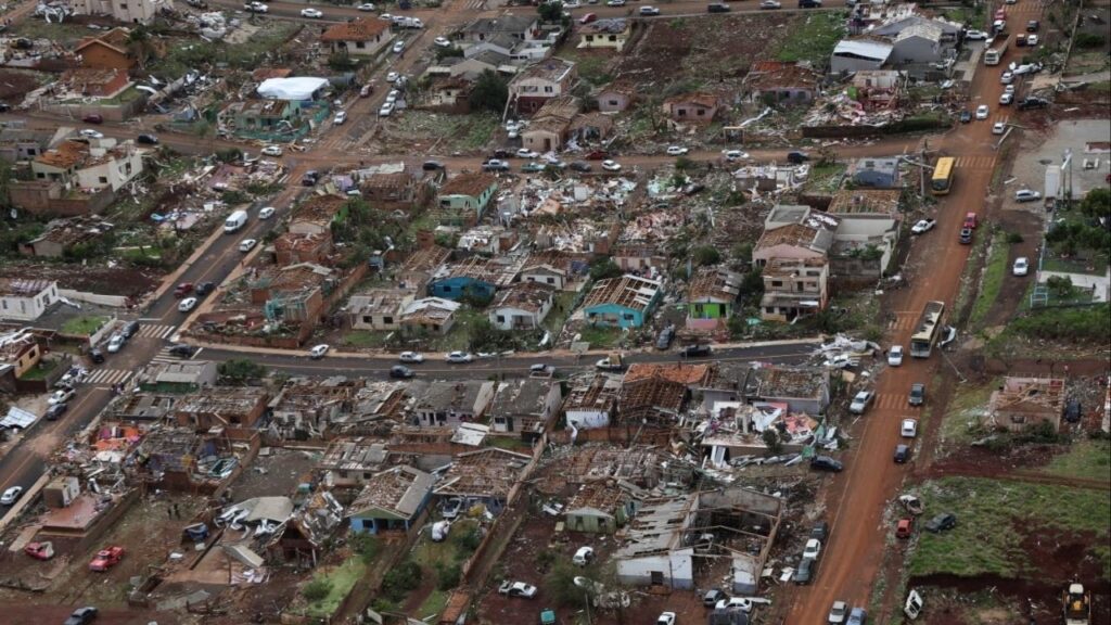 Aerial view of destroyed houses after a tornado hit Rio Bonito do Iguacu, Parana state, Brazil, November 8, 2025. (Parana State Government/Handout via Reuters)