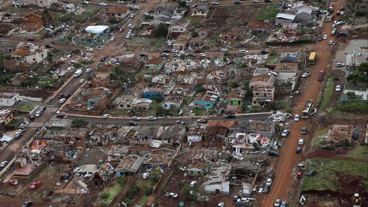 Aerial view of destroyed houses after a tornado hit Rio Bonito do Iguacu, Parana state, Brazil, November 8, 2025. (Parana State Government/Handout via Reuters)