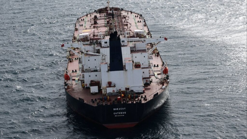 An aerial view shows the oil tanker named Boracay (also called Pushpa), a vessel being investigated by French authorities and suspected of belonging to the so-called "shadow fleet" involved in the Russian oil trade, off the coast of the western France port of Saint-Nazaire, France, October 2, 2025. (Reuters/Stephane Mahe)