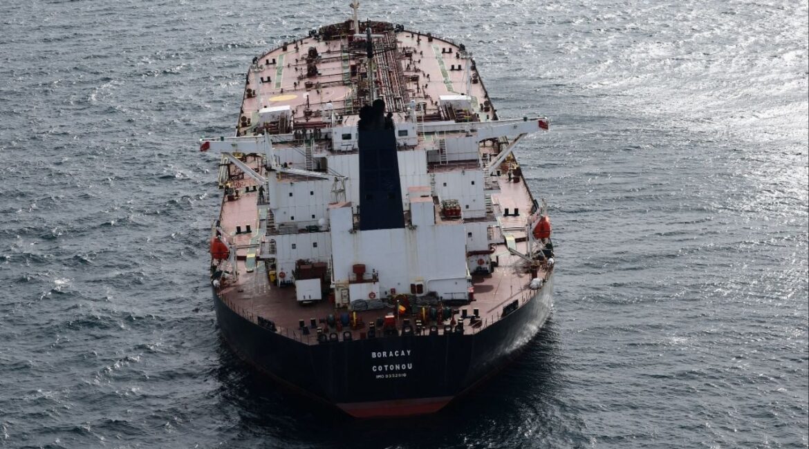 An aerial view shows the oil tanker named Boracay (also called Pushpa), a vessel being investigated by French authorities and suspected of belonging to the so-called "shadow fleet" involved in the Russian oil trade, off the coast of the western France port of Saint-Nazaire, France, October 2, 2025. (Reuters/Stephane Mahe)