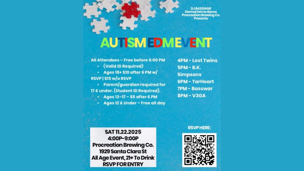 An all-ages EDM event supporting autism awareness will be held Saturday, Nov. 22, 2025, at Procreation Brewing Co., featuring live performances, accommodations for sensory needs, and free entry before 6 p.m. (Instagram/DJ Basswar)