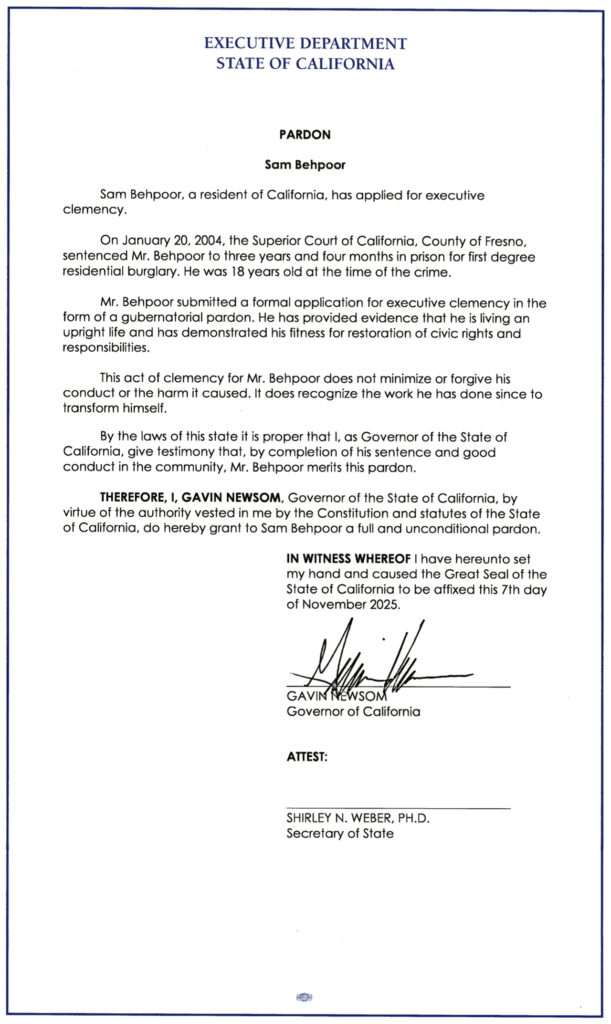 Image of Gov. Gavin Newsom's Pardon of Psalm "Sam" Behpoor