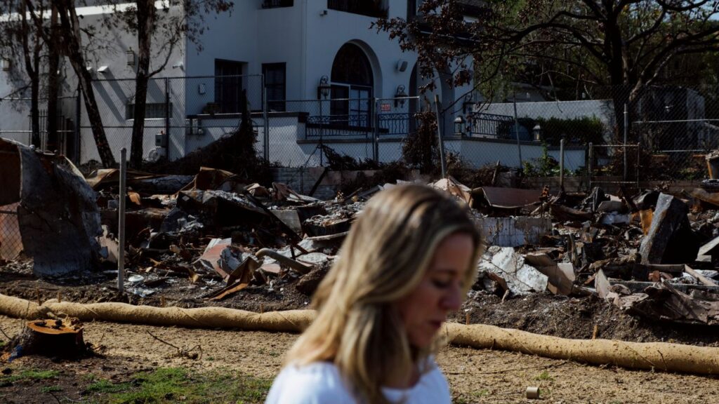 Image if Maggie Neilson, whose home insurer elected not to renew her coverage months before the fires, visits the ruins of her 1924-built home in the Pacific Palisades neighborhood of Los Angeles on April 24, 2025. The only insurer Neilson could find was the state FAIR plan, which charged her about 40% more, for about 40% less coverage. She now expects to receive $1.5 million for a rebuild that is likely to cost around $3 million. (Mark Abramson/The New York Times)