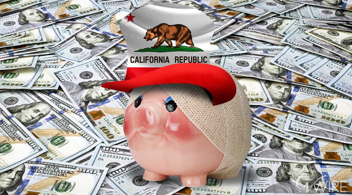 Image of a piggy bank adorned with a California Republic hat surrounded by $100 bills