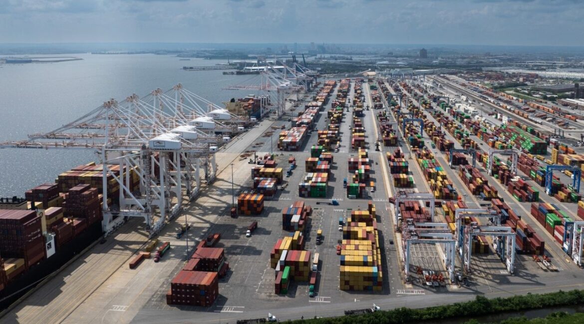 Containers line the Seagirt Marine Terminal at the Port of Baltimore, Md., June 30, 2025. The steep tariffs President Trump issued in August led to a significant contraction in imports and the trade deficit, newly released data shows. (Alyssa Schukar/The New York Times)