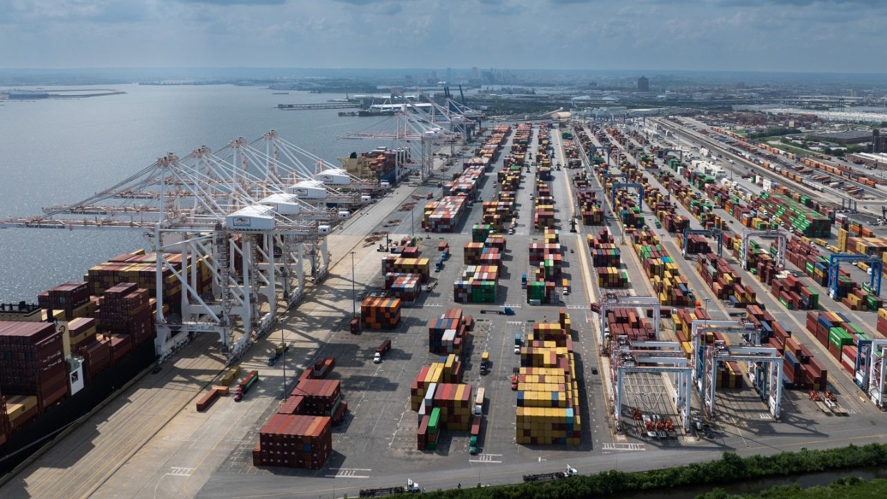 Containers line the Seagirt Marine Terminal at the Port of Baltimore, Md., June 30, 2025. The steep tariffs President Trump issued in August led to a significant contraction in imports and the trade deficit, newly released data shows. (Alyssa Schukar/The New York Times)