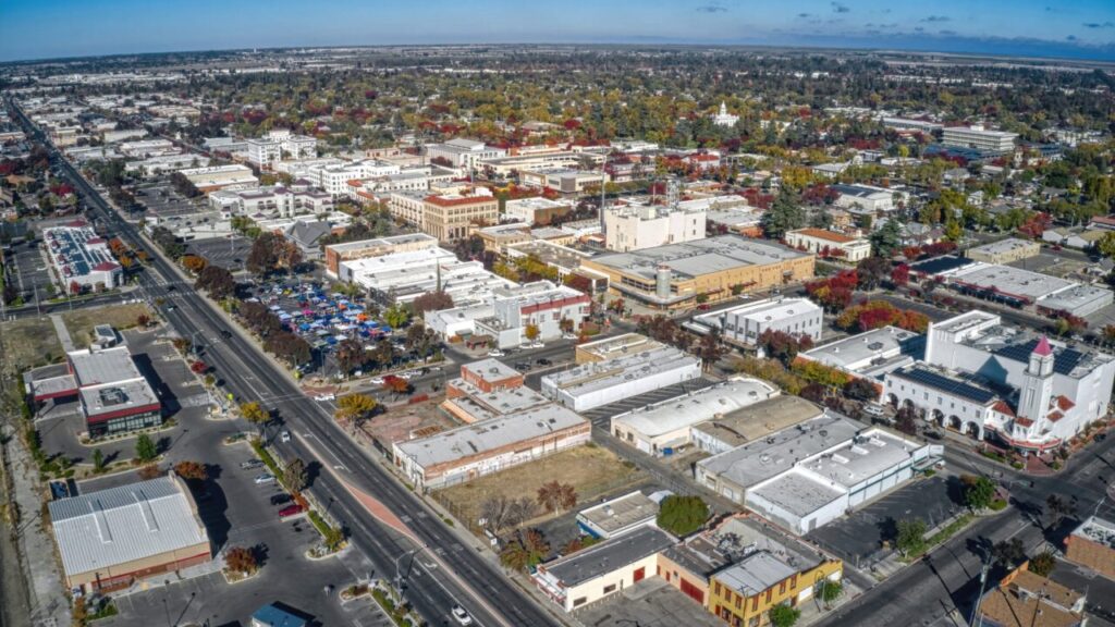 An aerial view of downtown Merced, California