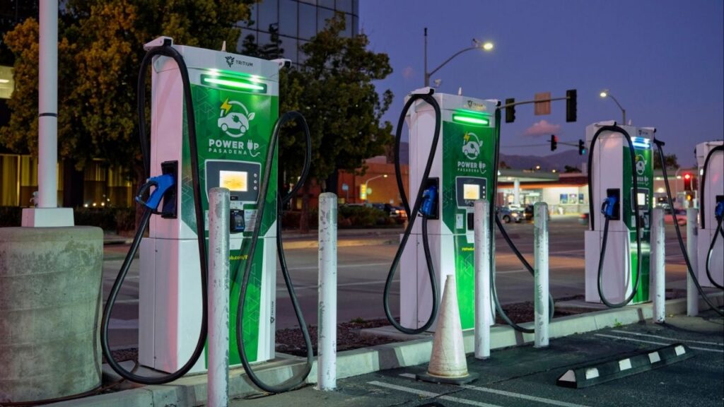 Electric vehicle chargers at a depot in Pasadena, Calif., Jan. 23, 2024. A coalition of clean energy groups and the city of St. Paul sued the Trump administration on Monday, Nov. 10, 2025, challenging what they described as nakedly partisan funding cuts during the government shutdown that wiped out around $7.5 billion for projects in Democratic-led states. (Philip Cheung/The New York Times)