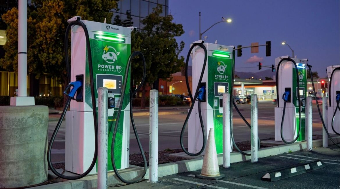Electric vehicle chargers at a depot in Pasadena, Calif., Jan. 23, 2024. A coalition of clean energy groups and the city of St. Paul sued the Trump administration on Monday, Nov. 10, 2025, challenging what they described as nakedly partisan funding cuts during the government shutdown that wiped out around $7.5 billion for projects in Democratic-led states. (Philip Cheung/The New York Times)