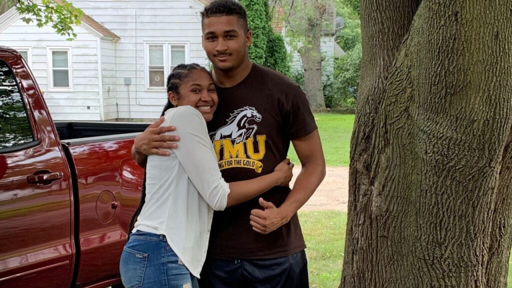 A family photo shows Marshawn Kneeland with his sister, Yahmya. Marshawn Kneeland spent nearly all of his 24 years working to get to the NFL. He died two days after scoring his first touchdown.
