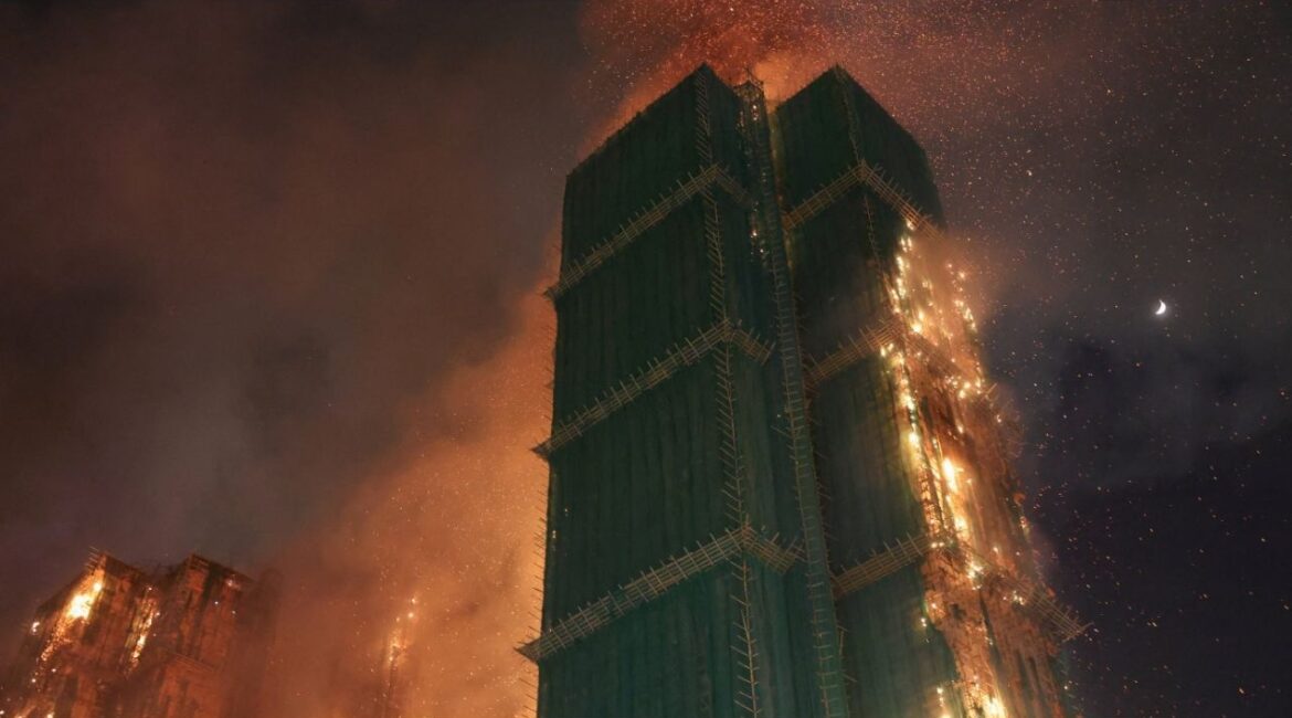 Fire burns bamboo scaffolding across multiple buildings at Wang Fuk Court housing estate, in Tai Po, Hong Kong, China, November 26, 2025. (Reuters/Tyrone Siu)