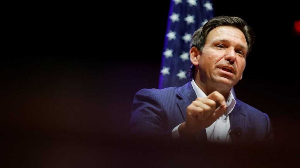 Florida Governor Ron DeSantis speaks during a Conservative parents group "Moms for Liberty" event, on the sidelines of the Republican National Convention (RNC), in Milwaukee, Wisconsin, U.S., July 16, 2024. (Reuters/Marco Bello)