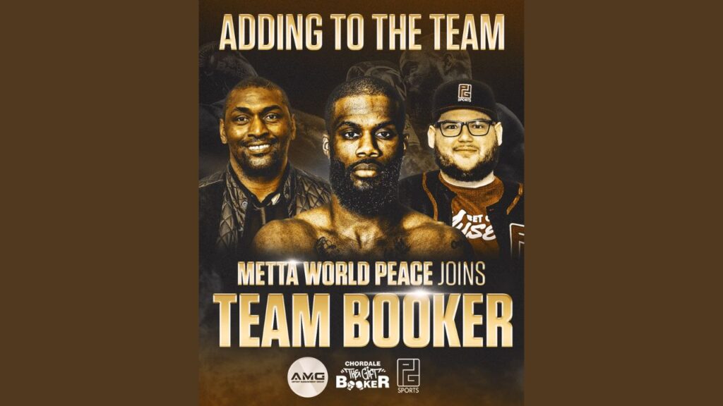 Former NBA champion Metta World Peace, left, and sports manager Paul Guarino, right, will co-manage professional boxer Chordale Booker, center. (PG Sports)