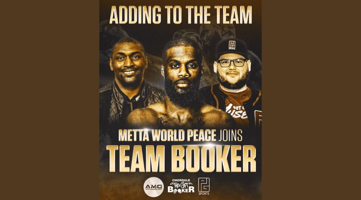 Former NBA champion Metta World Peace, left, and sports manager Paul Guarino, right, will co-manage professional boxer Chordale Booker, center. (PG Sports)