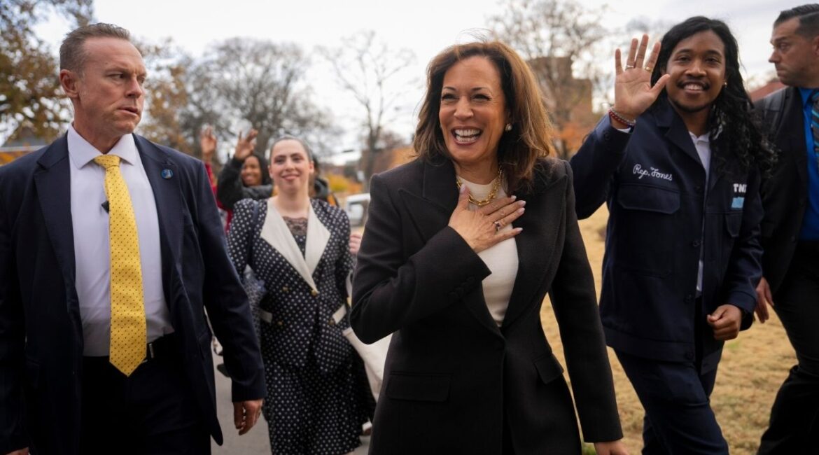 Former Vice President Kamala Harris, walking alongside state Rep. Justin Jones (D-Tenn.), greets students during a visit to the Fisk University campus in Nashville, Tenn., on Tuesday, Nov. 18, 2025. (Vincent Alban/The New York Times)