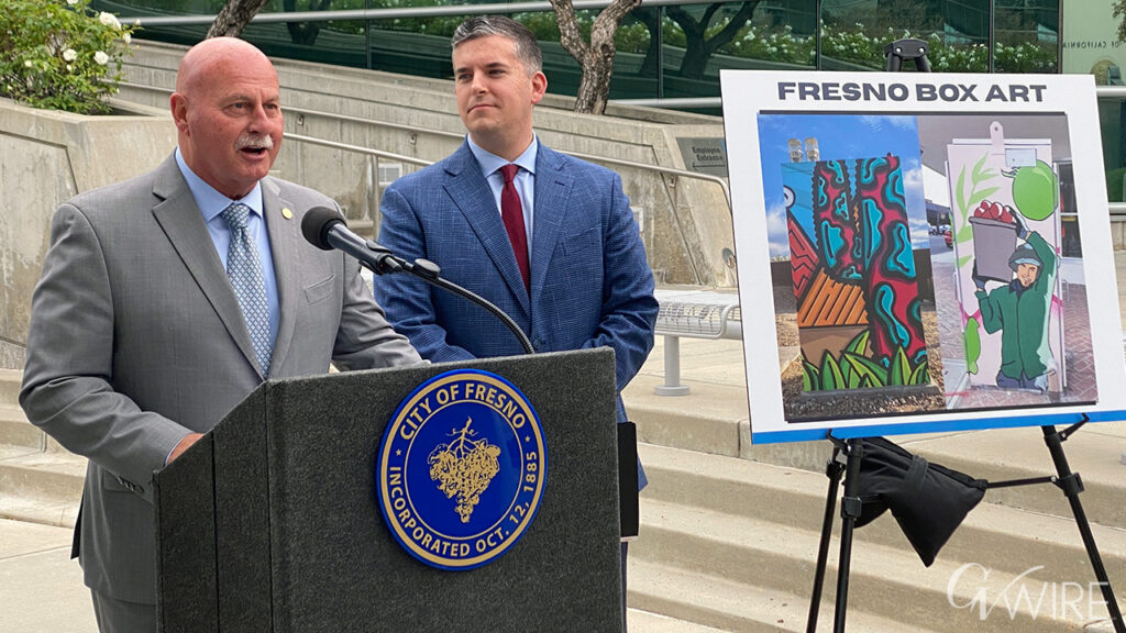 Fresno Mayor Jerry Dyer and City Councilmember Tyler Maxwell talk about the Fresno Box Art program at City Hall