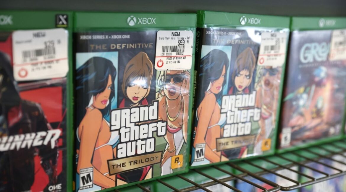 Grand Theft Auto The Trilogy by Take-Two Interactive Software Inc is seen for sale in a store in Manhattan, New York City, U.S., February 7, 2022. (Reuters/Andrew Kelly)