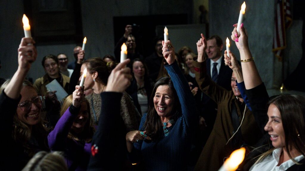 Image of Rep. Teresa Leger Fernández (D-N.M.) celebrating with victims of Jefrey Epstein