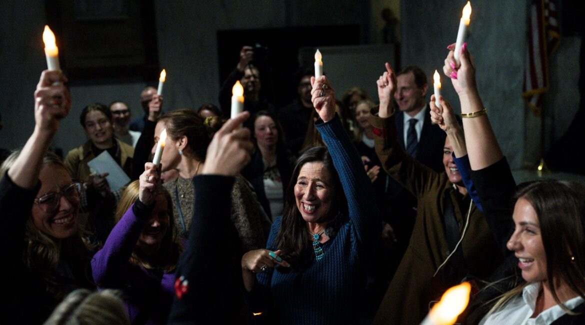 Image of Rep. Teresa Leger Fernández (D-N.M.) celebrating with victims of Jefrey Epstein