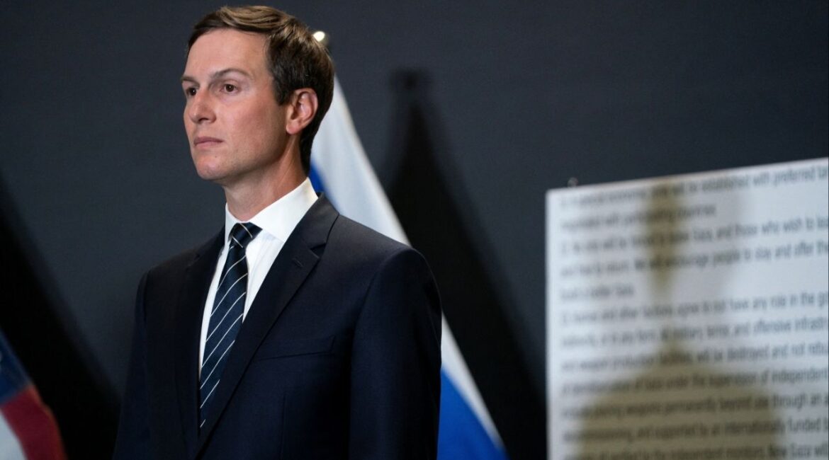 Jared Kushner listens as U.S. Vice President JD Vance speaks during a press conference following a military briefing at the Civilian Military Coordination Center in southern Israel on Tuesday, Oct. 21, 2025. (Nathan Howard/Pool via Reuters)
