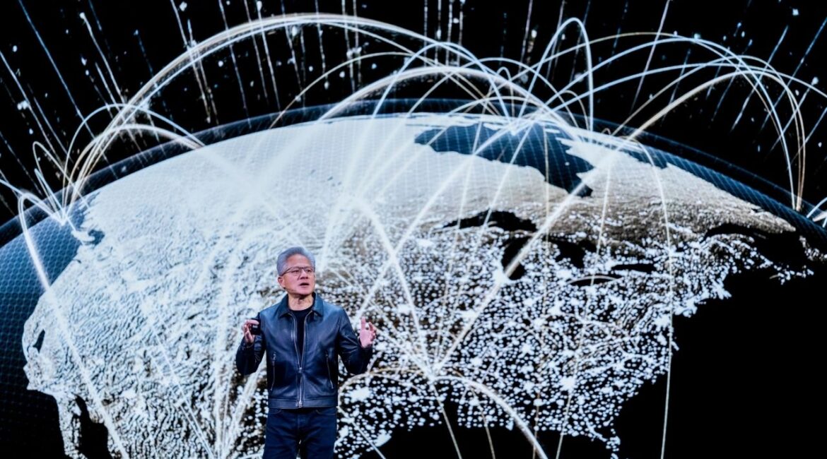 Jensen Huang, president and chief executive of Nvidia, delivers a keynote address during the Nvidia GTC conference in Washington, Oct. 28, 2025. As Huang traveled to Asia to meet with President Donald Trump on Wednesday, his company’s value topped $5 trillion. (Eric Lee/The New York Times)
