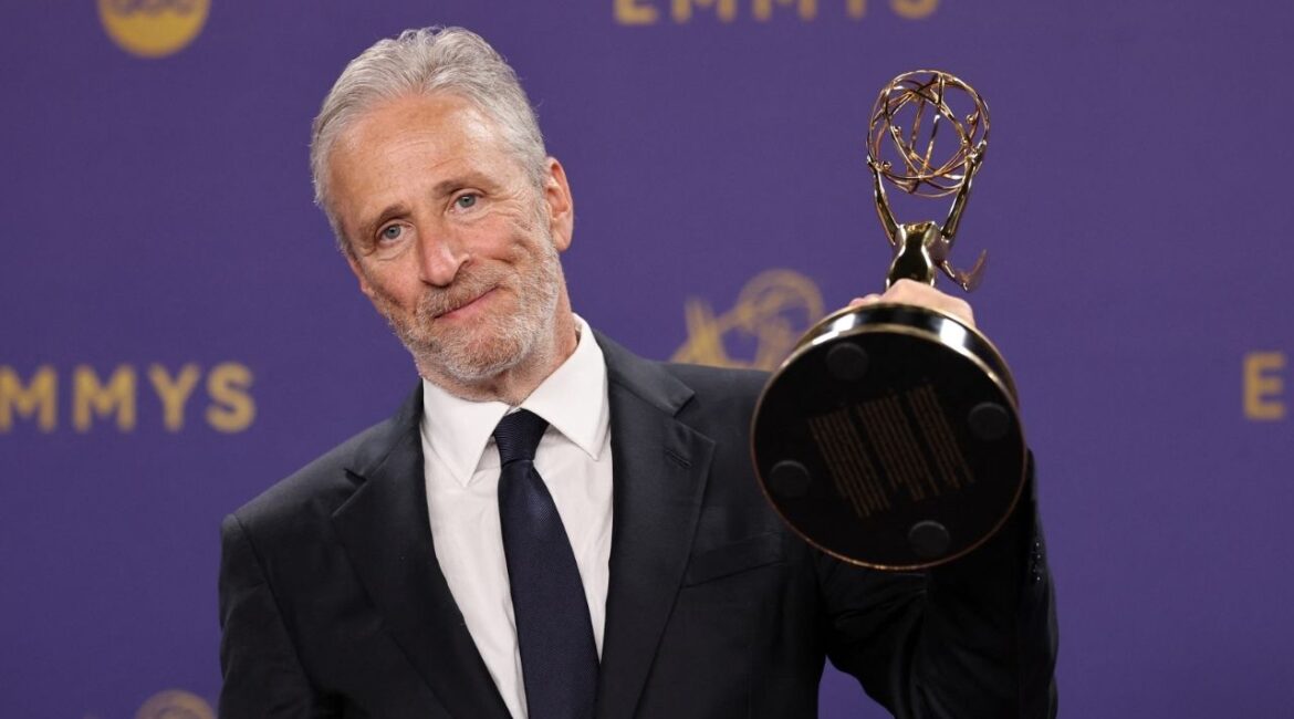 Jon Stewart poses with Outstanding Talk Series awards for "The Daily Show " at the 76th Primetime Emmy Awards in Los Angeles, California, U.S., September 15, 2024. (Reuters/Mike Blake)
